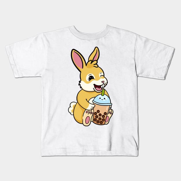 Cute Rabbit Drinking Boba Milktea Kids T-Shirt by LEMOUS TEES